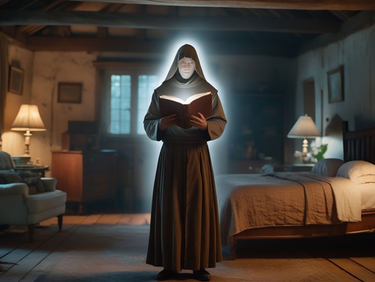 "One night I woke up and saw a luminous monk standing in my room reading a book. His hood up, I could see that he had the full habit on."